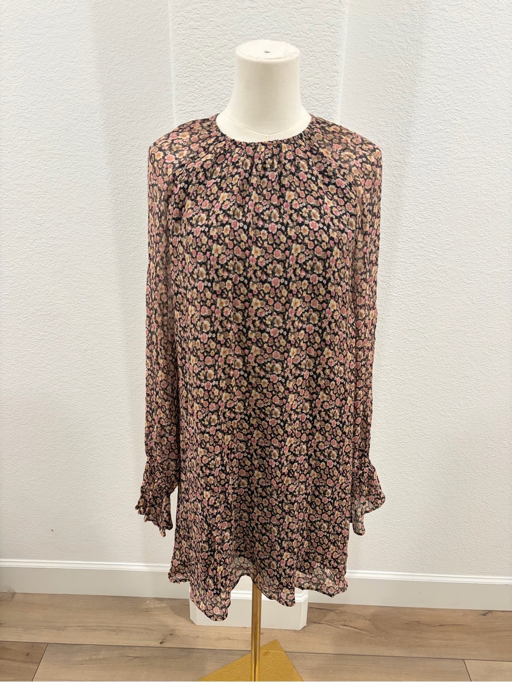 Sezane Bailie floral babydoll long sleeve silk blend dress size 40 or 8